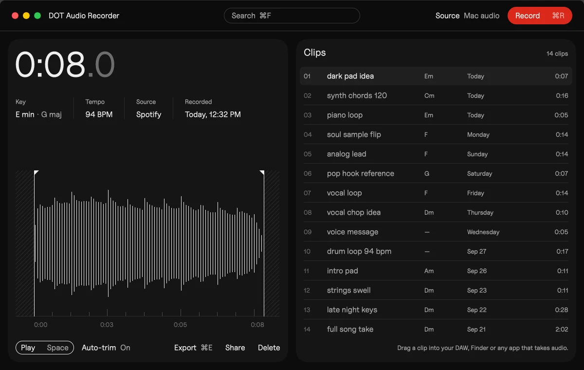 DOT Audio Recorder at work: Record, then Stop & keep, and the clip lands in the list trimmed, with its key, tempo and chords; Play; its start dragged onto the next bar; the clip dragged out to a DAW