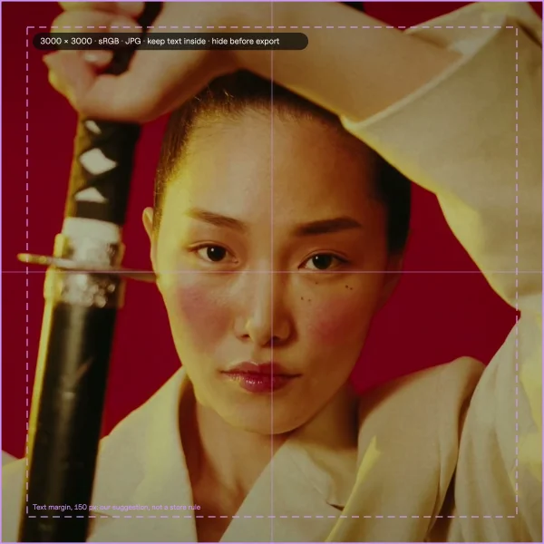 Album cover template: a 3000 × 3000 guide layer with the square, center lines and a dashed text margin, shown over an example cover