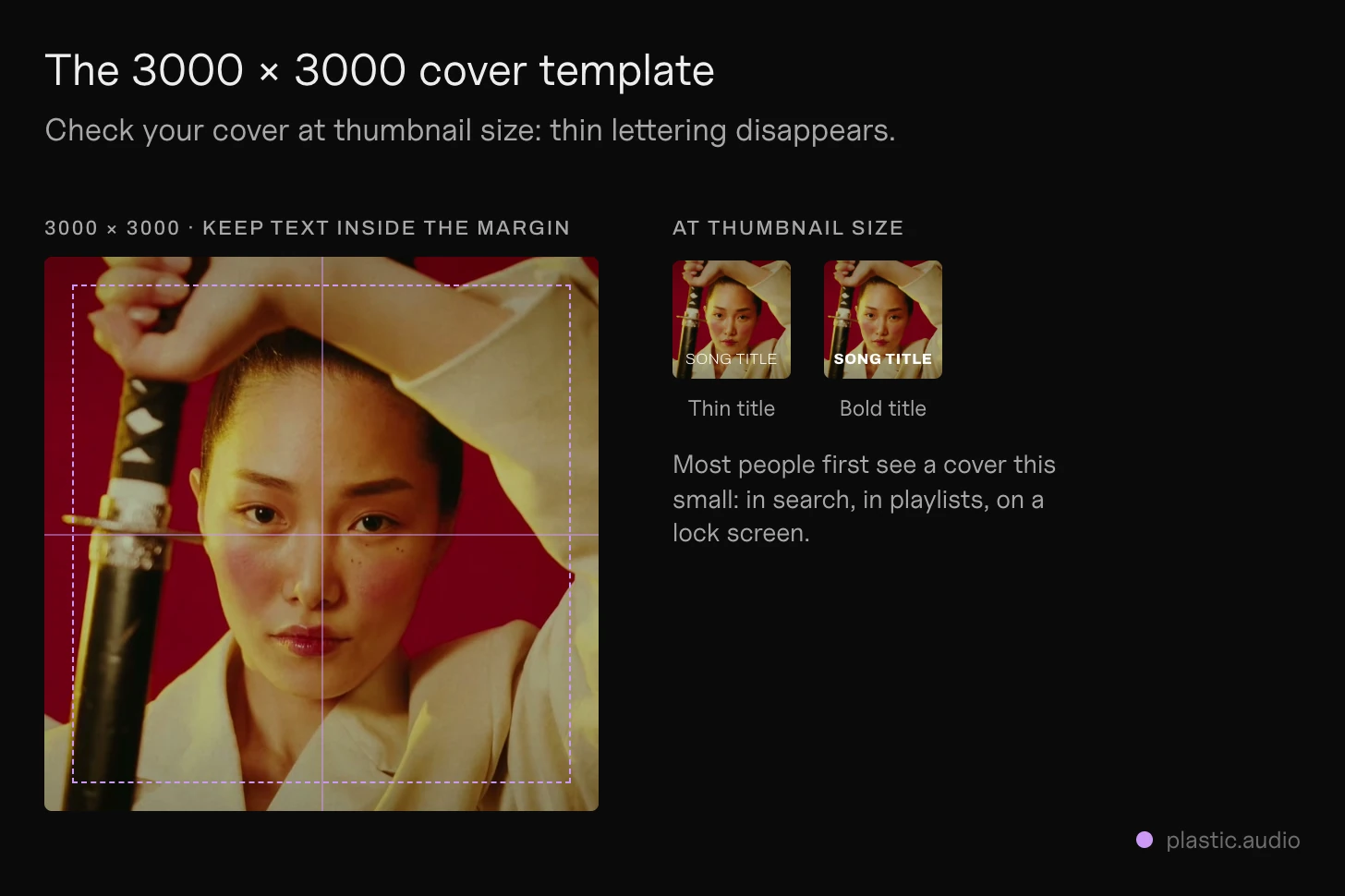 Album cover template: the 3000 × 3000 guide layer over an example cover, with the text margin dashed, and the same cover shown small beside it, where a thin title disappears and a bold one still reads