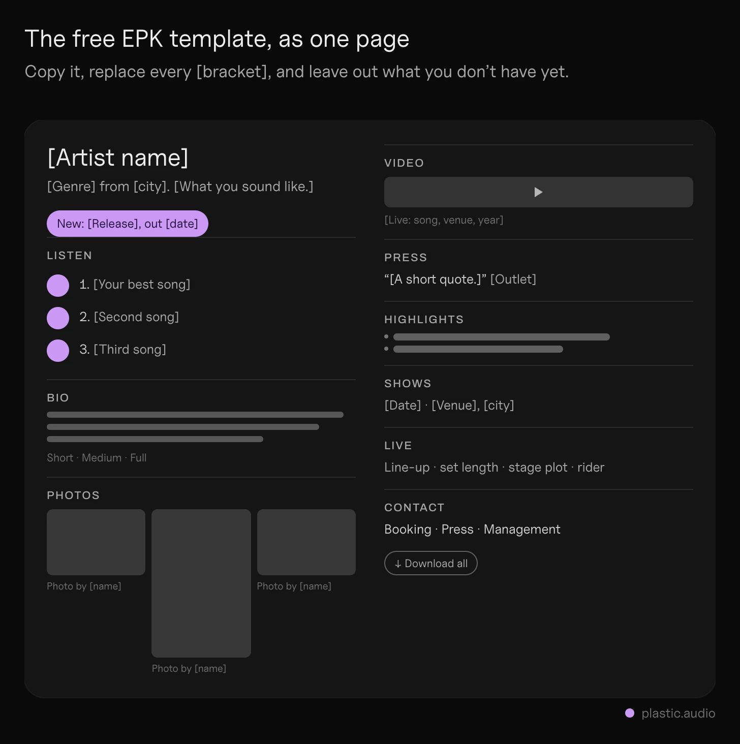 EPK template filled in for a made-up artist: the template above laid out as one page, music links at the top, the short bio, three photos with credits, a live video, a press quote, two highlights, shows and contacts