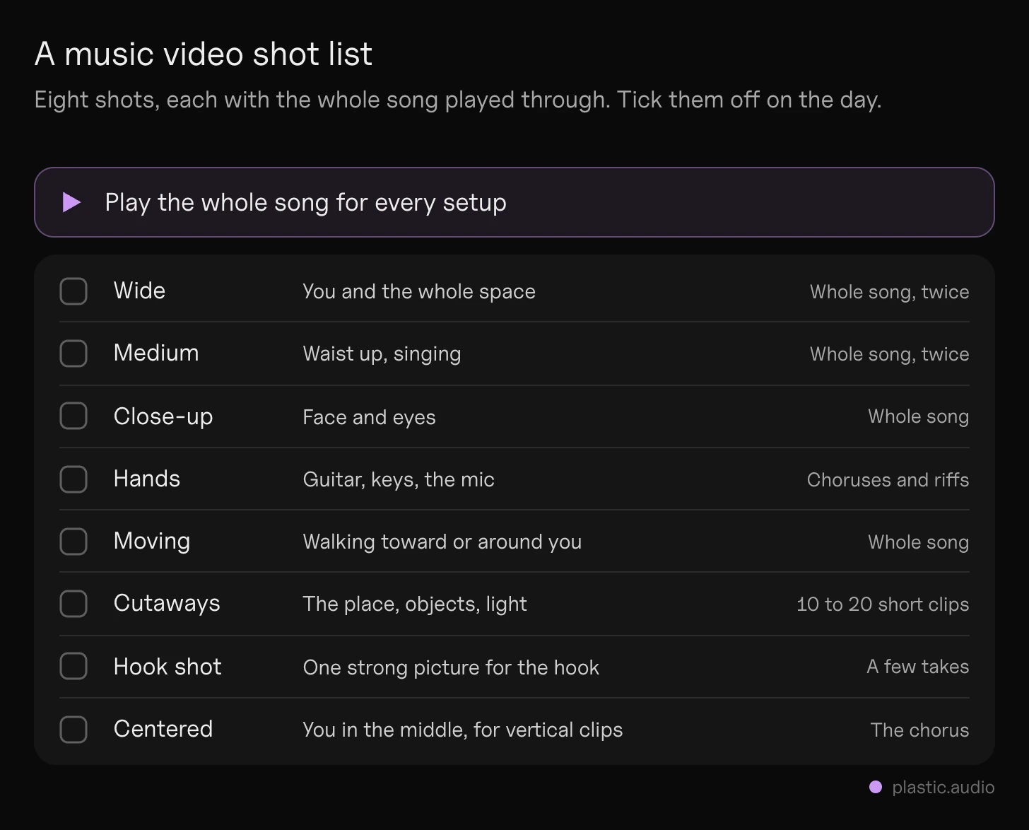 Music video shot list: a printable checklist of eight shots (wide, medium, close-up, hands, moving, cutaways, hook shot, centered), each with what it shows and how many takes, and a box to tick