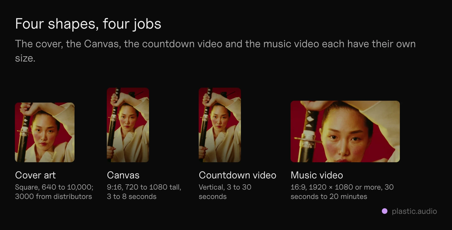 Spotify cover art size next to the other shapes Spotify takes: a square cover (640 to 10,000, 3000 × 3000 recommended by distributors), a 9:16 Canvas (720 to 1080 tall, 3 to 8 seconds), a vertical countdown video (3 to 30 seconds) and a 16:9 music video (1920 × 1080 or more)