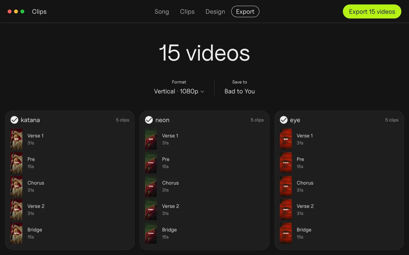 Clips: Export: 15 videos, every part on every backdrop