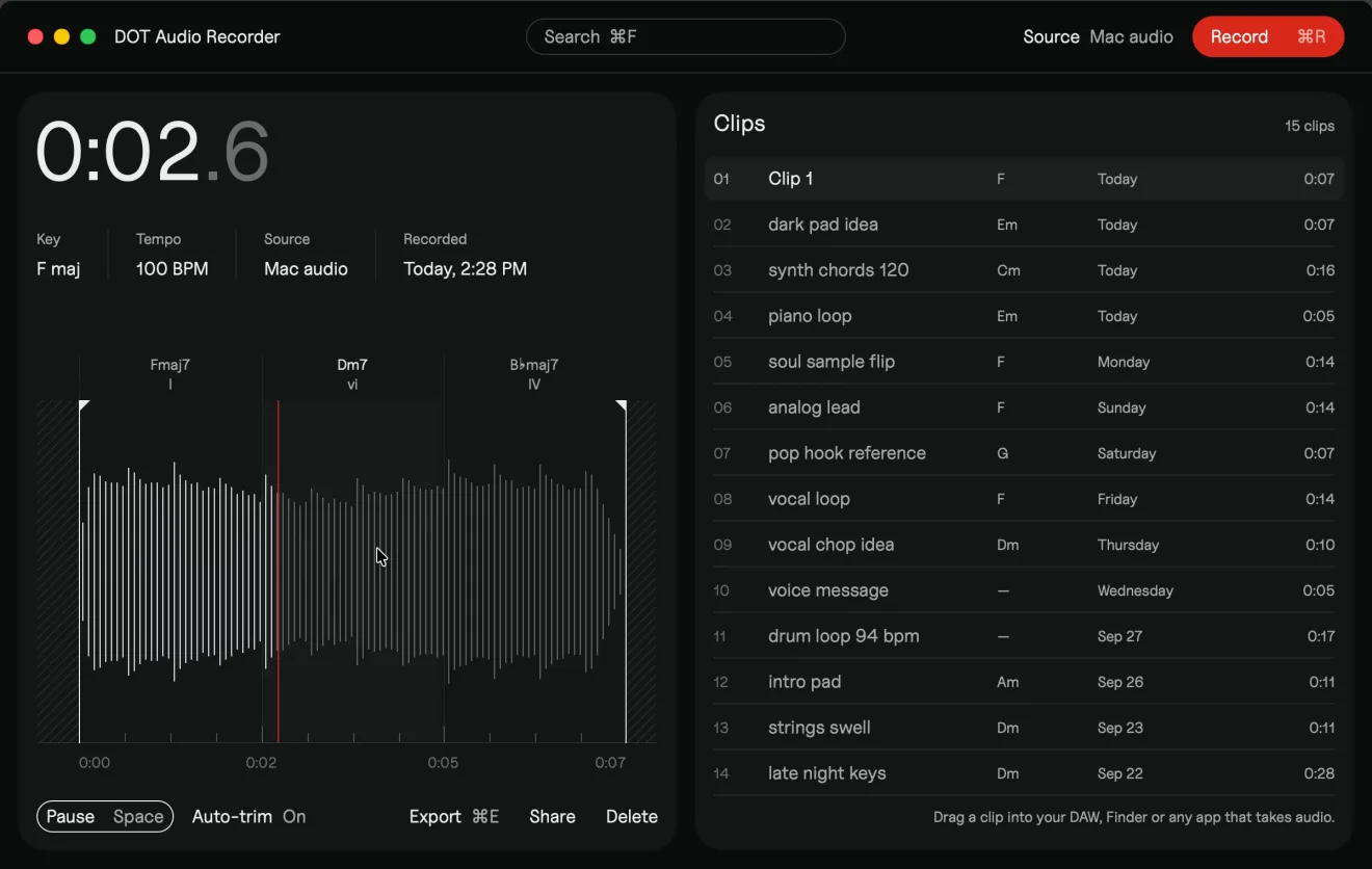 DOT: a clip with its key, tempo and chords